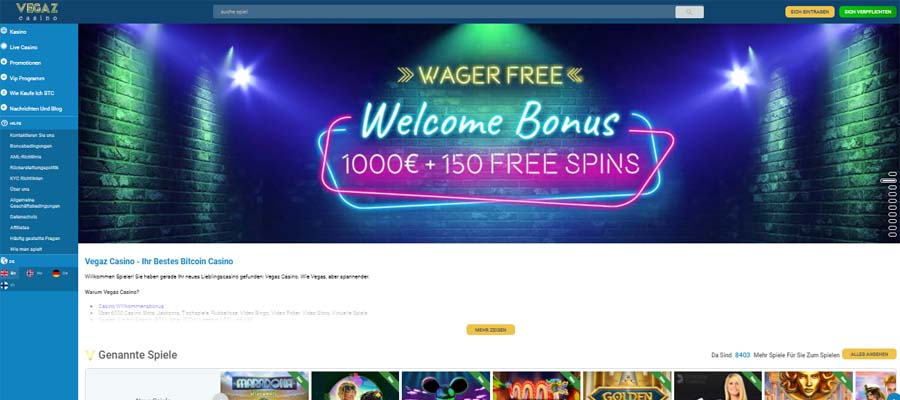 screenshot vegaz casino interface